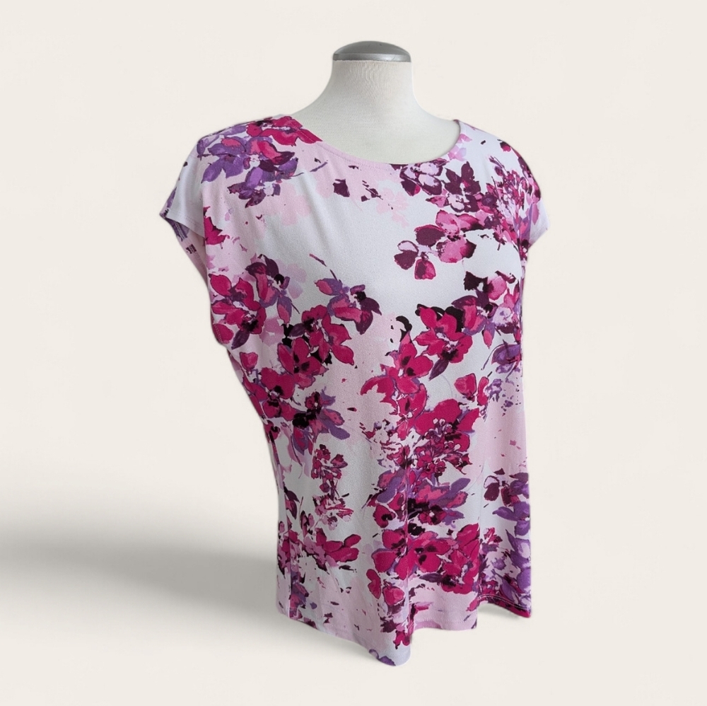 Laura Women's Floral Blouse Size XL Pink & White Cap Sleeves Office Wear Flowy